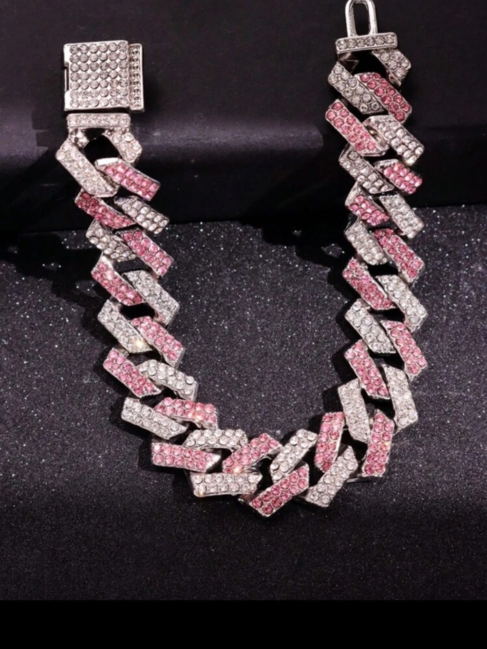 Sterling-Inspired Pink & Silver Pave Cuban Link Bracelet - Picture 2 of 6